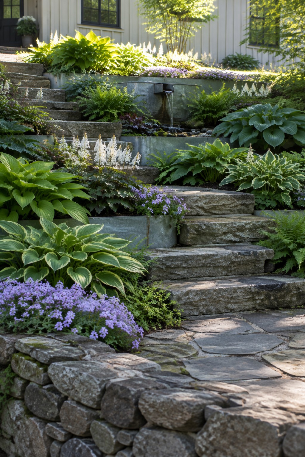 Stone steps wind through layered garden beds with hostas, ferns, and purple and white flowers beside a house.
