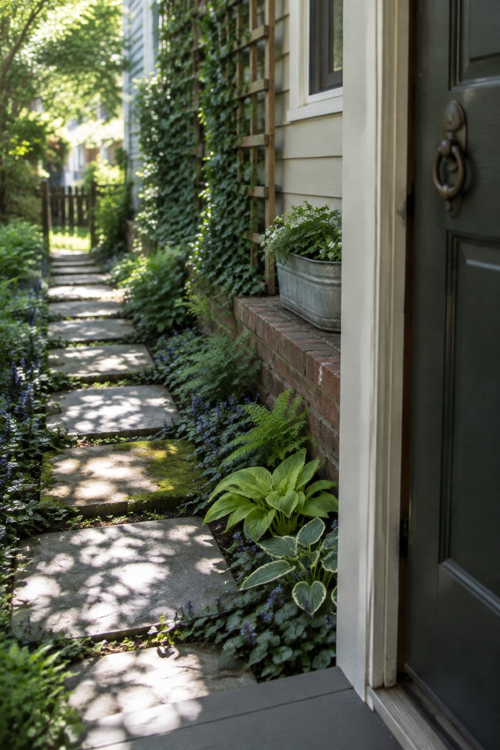 Broad stone stepping stones run through a shaded garden beside hostas, groundcover, and a brick-edged bed.