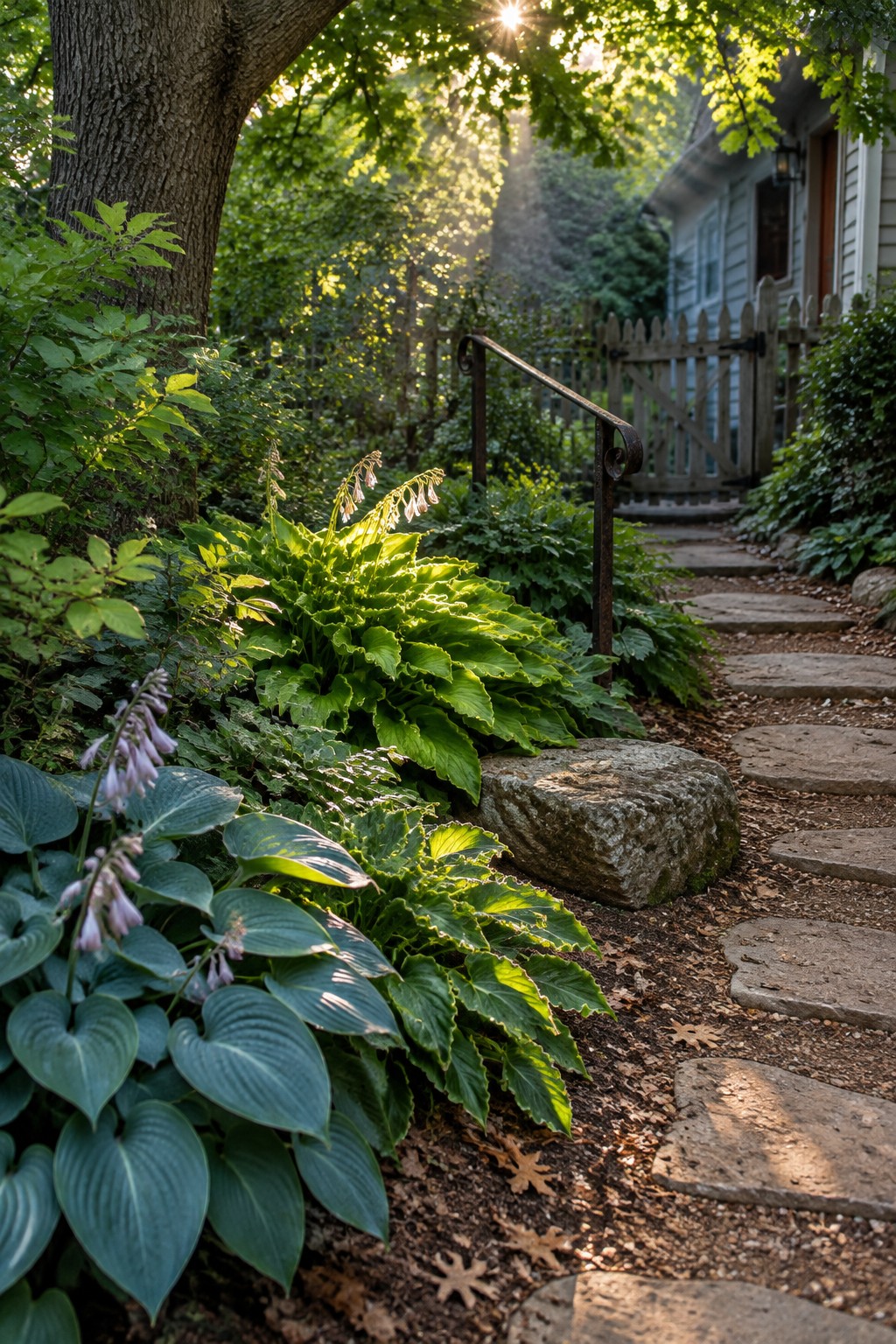 Broad-leaved hostas border an irregular stone path leading to a wooden gate beside a house.