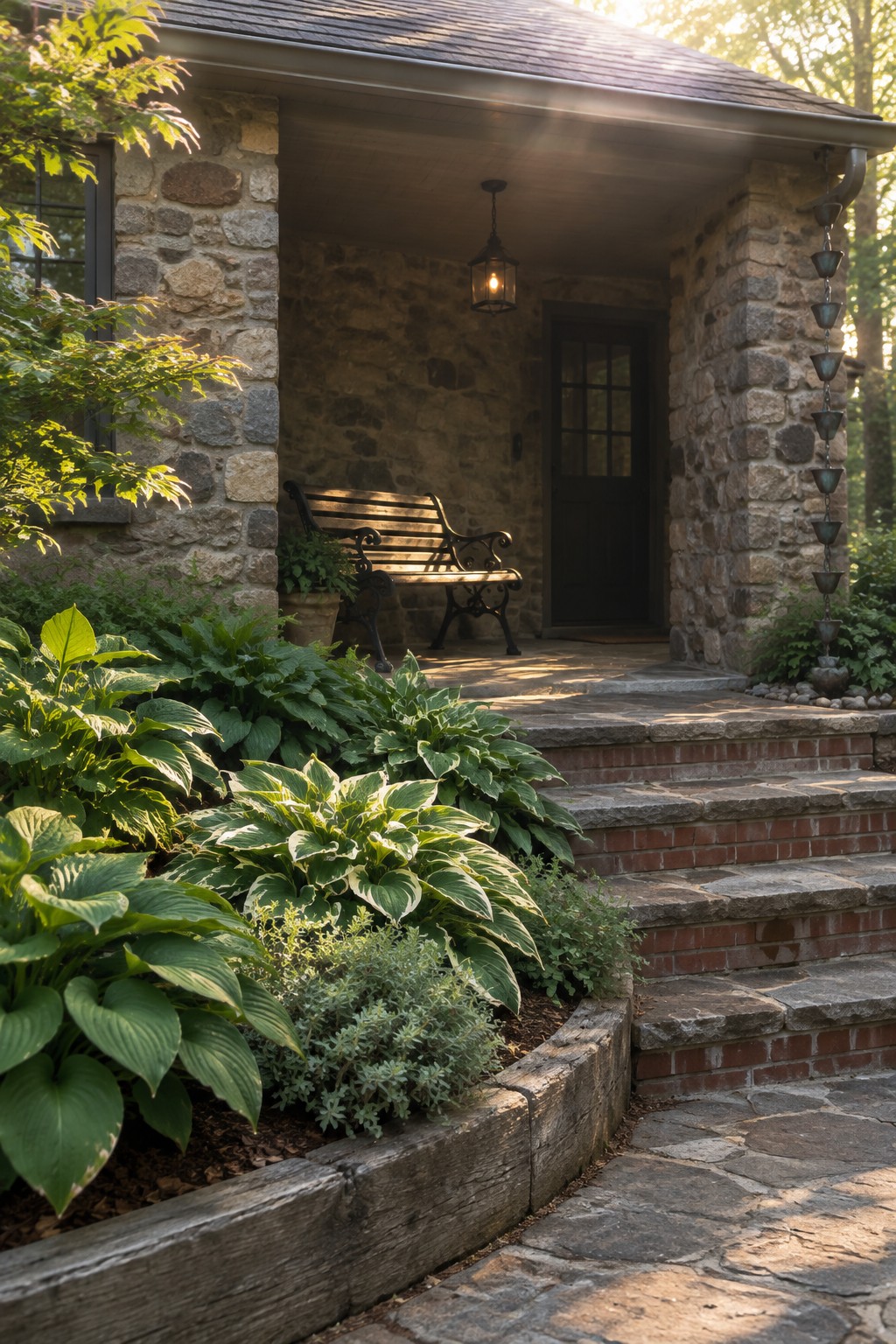Variegated hostas and other leafy plants fill a raised garden bed beside stone steps leading to a stone porch.