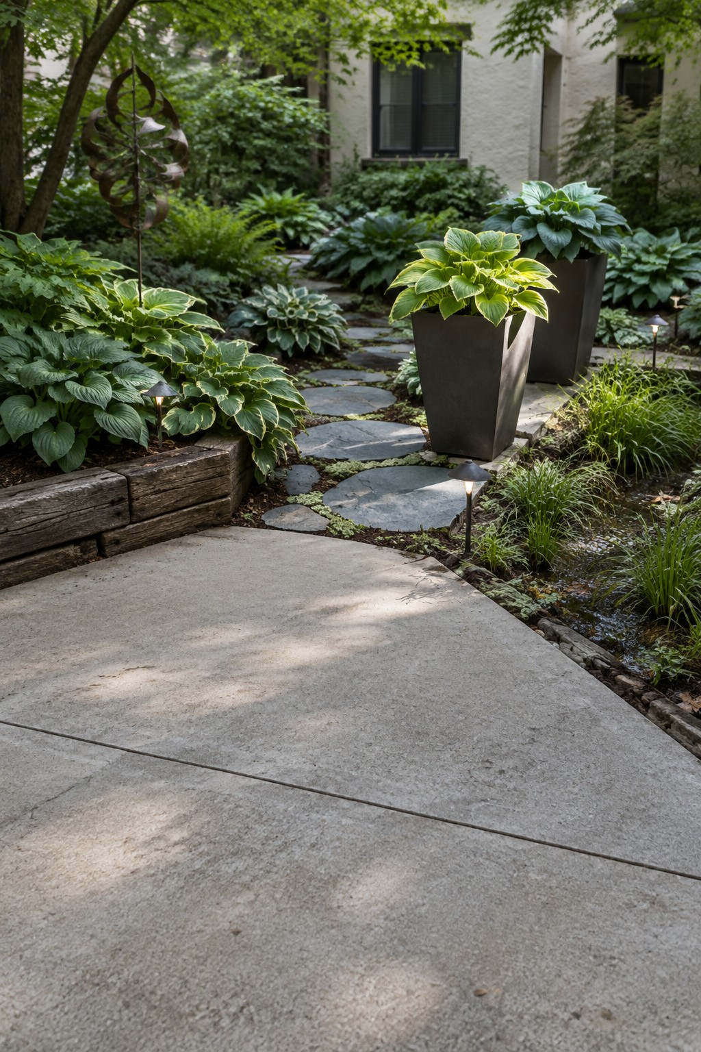 Broad stone stepping stones wind through hostas and other shade plants beside a concrete walkway.