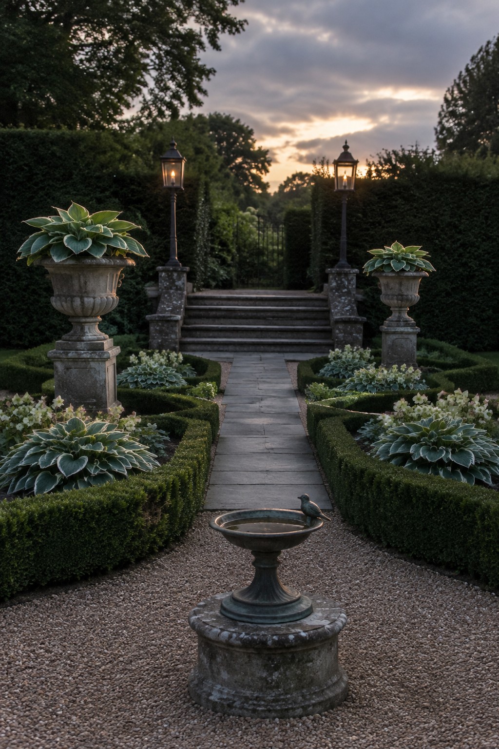 A formal garden with hostas planted beside clipped hedge borders, a stone walkway, and steps leading to a gate.