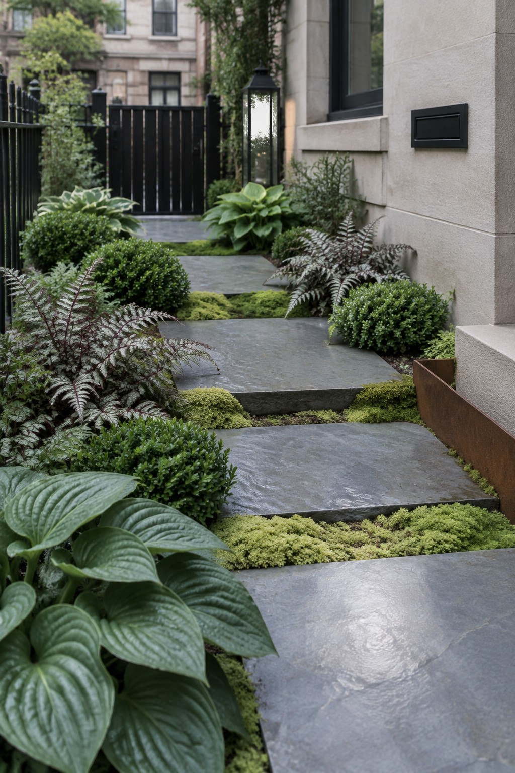Large gray stepping stones wind through hostas, ferns, and low ground cover beside a stone house.