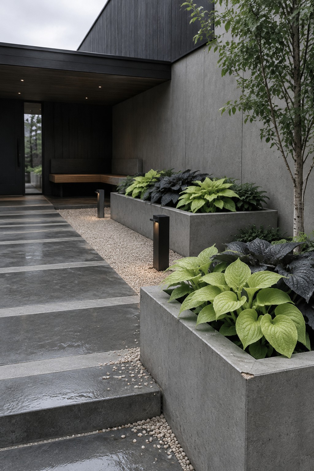 Lime-green and dark-leaved hostas grow in raised concrete planters beside a stone walkway at a modern home entrance.
