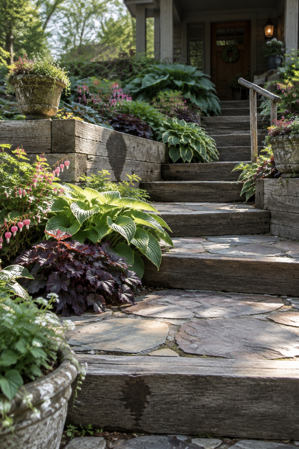 Broad timber steps climb through hosta beds toward a covered front entrance, with a stone path in the foreground.