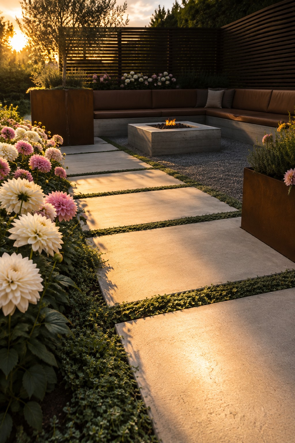 Large concrete stepping stones lead through flower beds toward a patio with built-in seating and a fire pit.