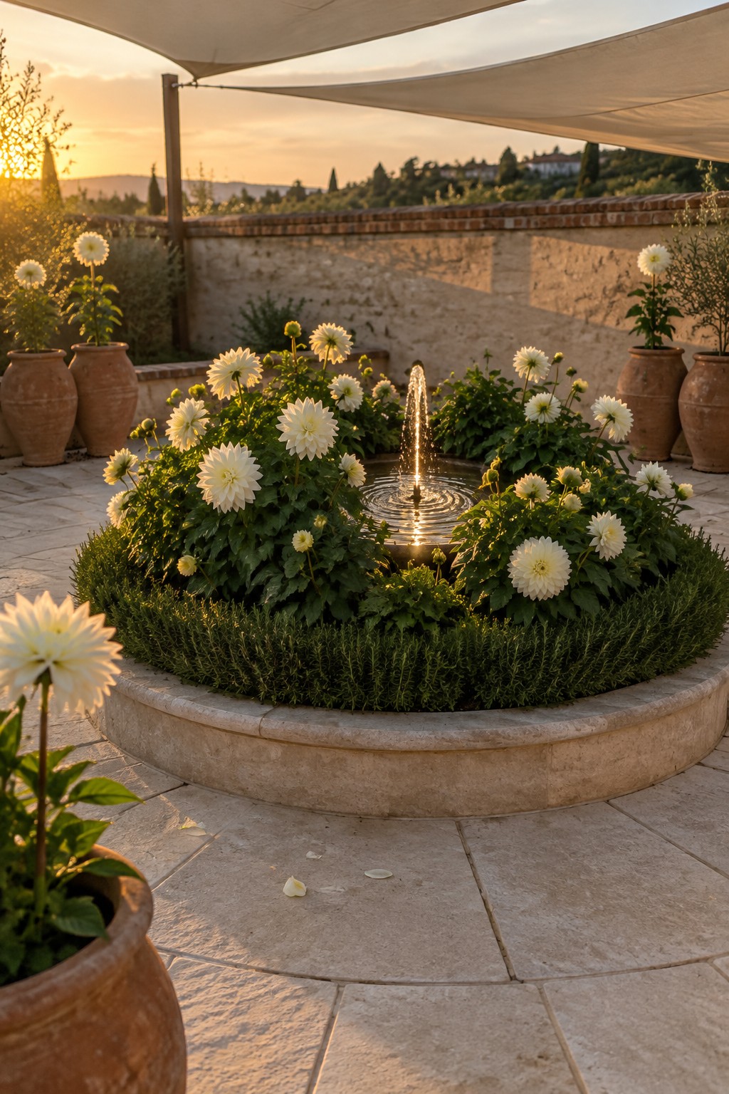 White dahlias grow in a circular stone-edged bed around a small fountain in a paved courtyard.