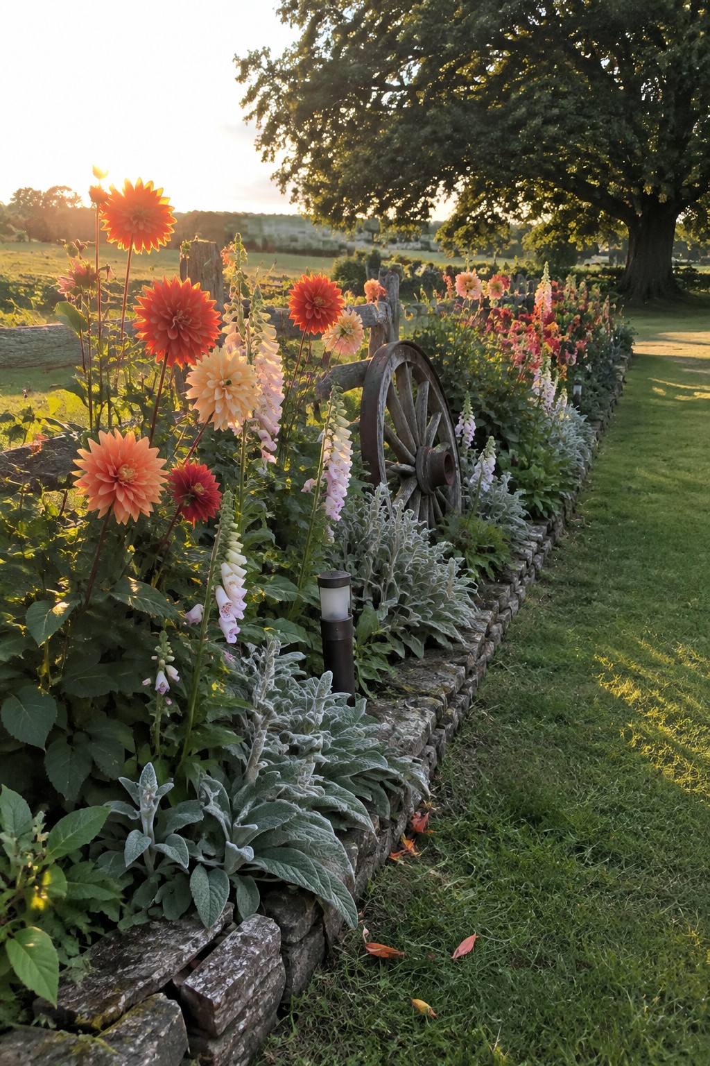 Orange and pink dahlias and other flowers grow in a stone-edged garden bed beside a lawn, with a wooden wagon wheel and a large tree nearby.