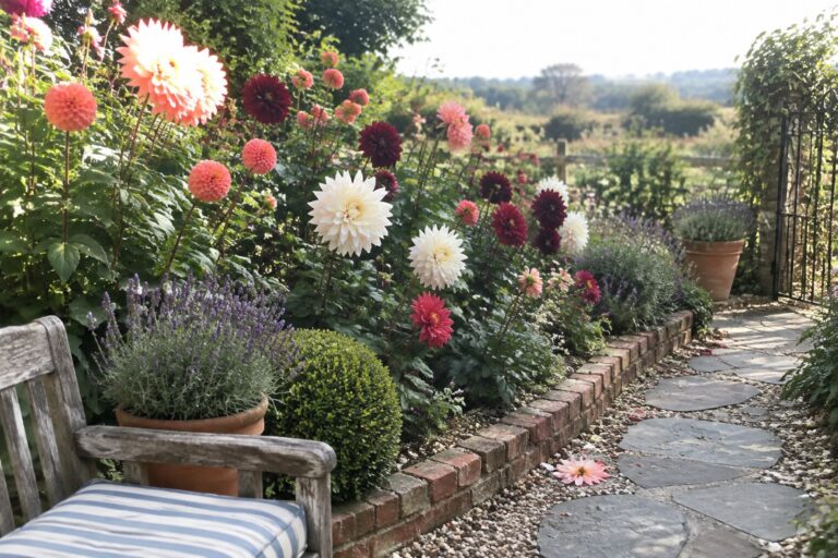 A stone garden path runs beside a brick-edged flower bed filled with dahlias in pink, burgundy, white, and peach.