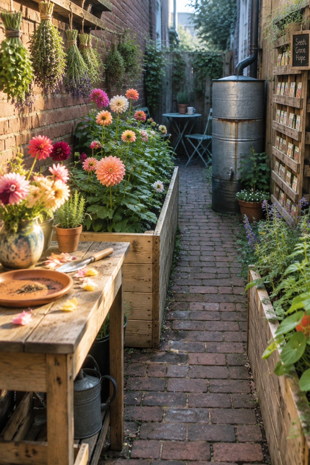 Colorful dahlias grow in a raised wooden bed beside a narrow brick garden path.
