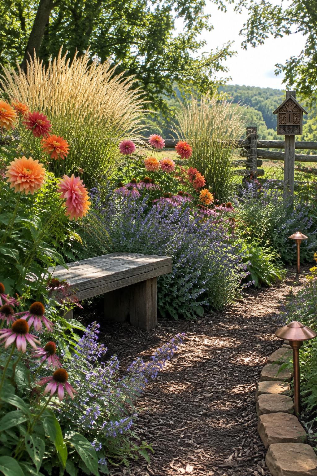 Orange and pink dahlias grow among ornamental grasses and purple flowers beside a mulched garden path and wooden bench.