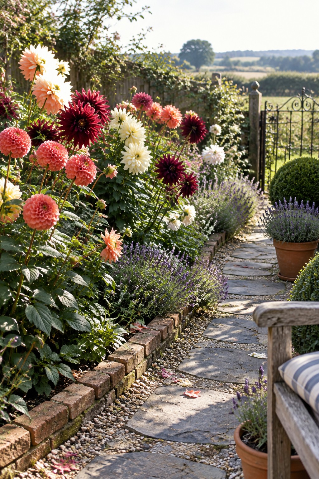 A stone garden path runs beside a brick-edged flower bed filled with dahlias in pink, burgundy, white, and peach.