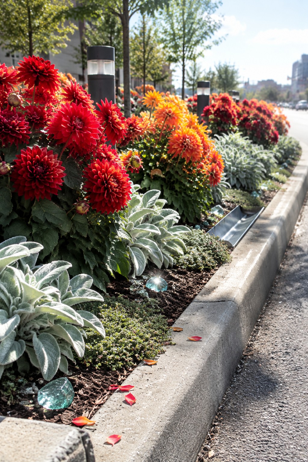 Red and orange dahlias grow in a long raised street-side bed edged with concrete.