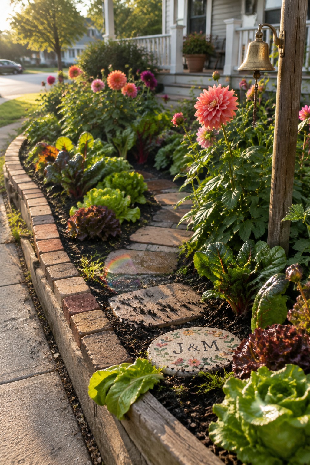 A stepping-stone path runs through a garden bed with pink dahlias, leafy plants, and a round plaque marked “J & M.”