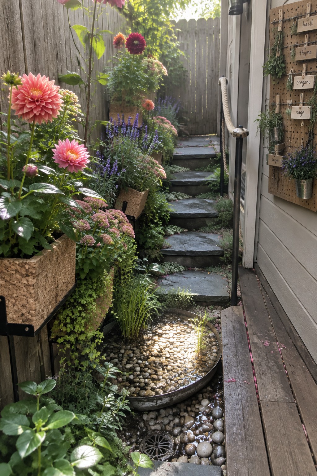 Pink dahlias and other flowers grow beside a stepping-stone path in a narrow garden with a small pebble pond.