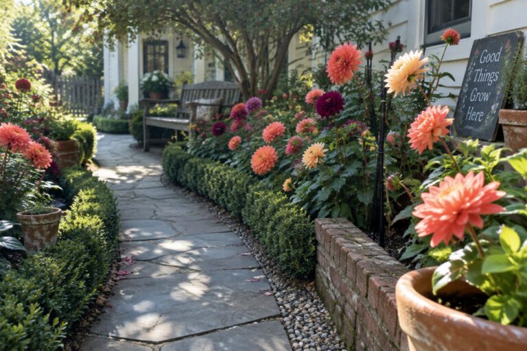 21 Dahlia Landscaping Ideas for Small Gardens A stone path winds through a small garden bordered by dahlias, low hedges, and potted plants.