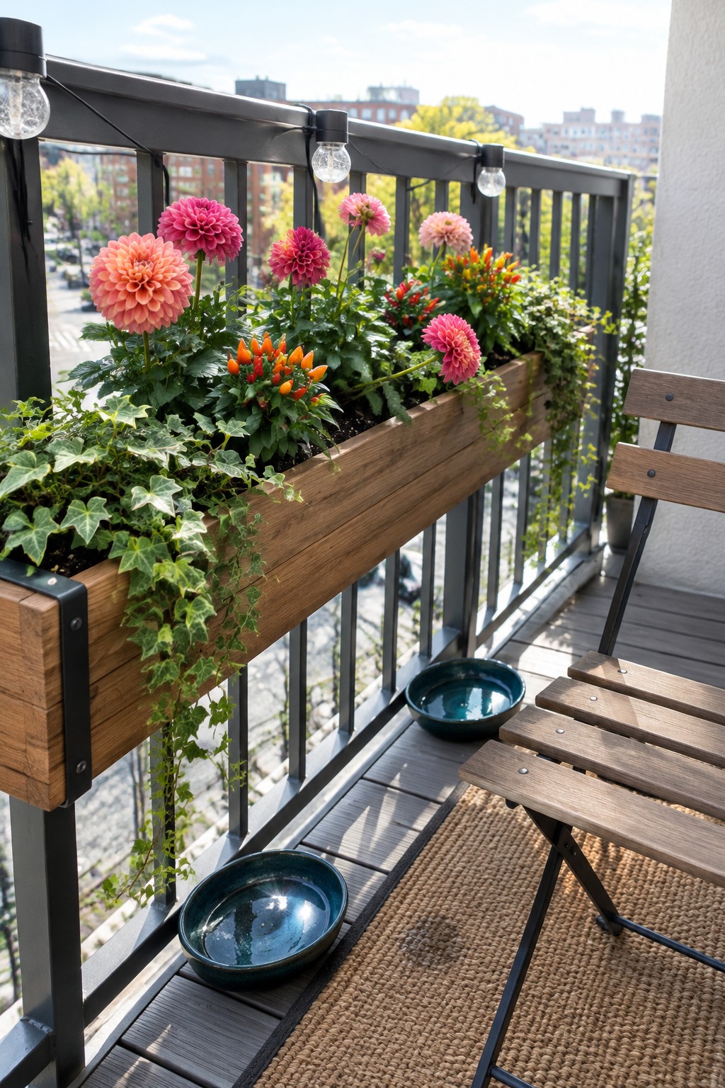 Pink and peach dahlias and trailing ivy grow in a long wooden planter attached to a balcony railing.