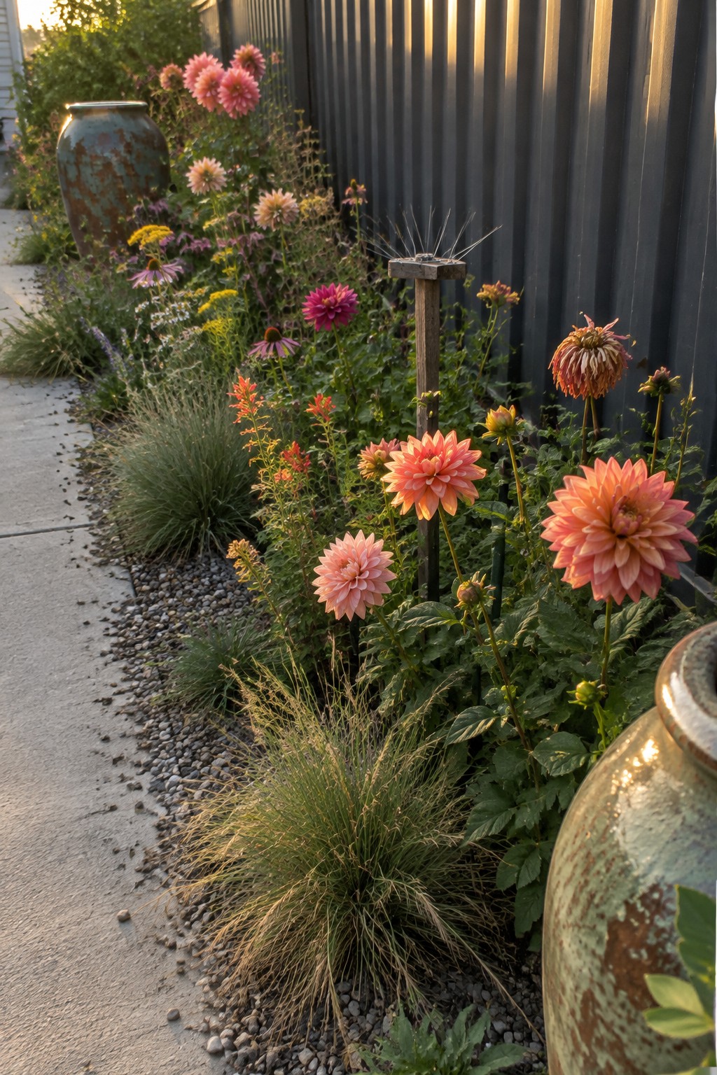 A narrow garden bed of dahlias and ornamental grasses runs beside a concrete path and dark vertical fence.