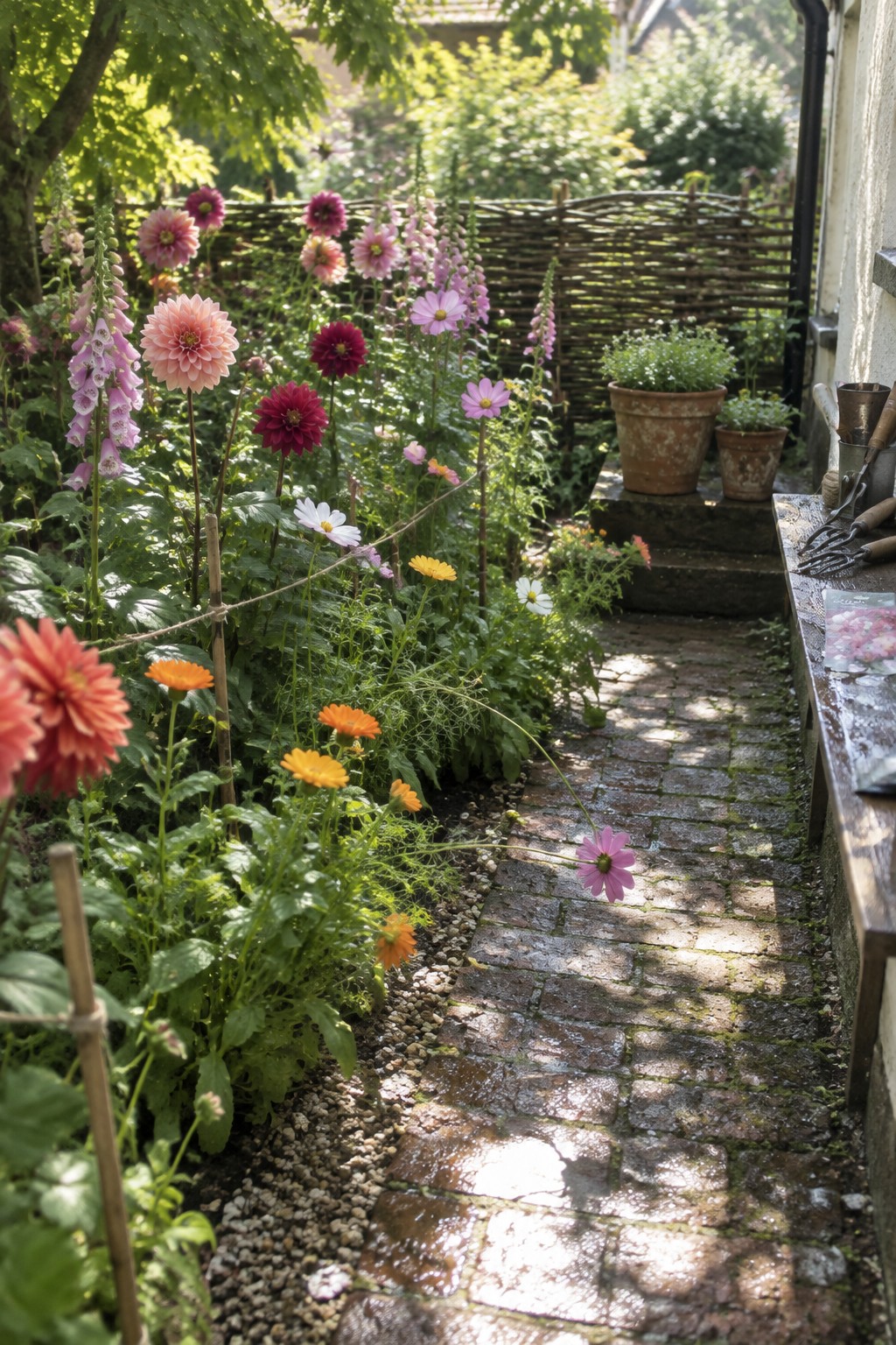 A narrow garden bed filled with dahlias and other flowers beside a brick path, with a woven fence and terracotta pots nearby.