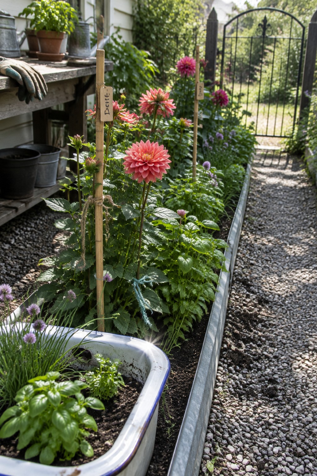 Pink dahlias grow in a long, narrow garden bed beside a gravel path.