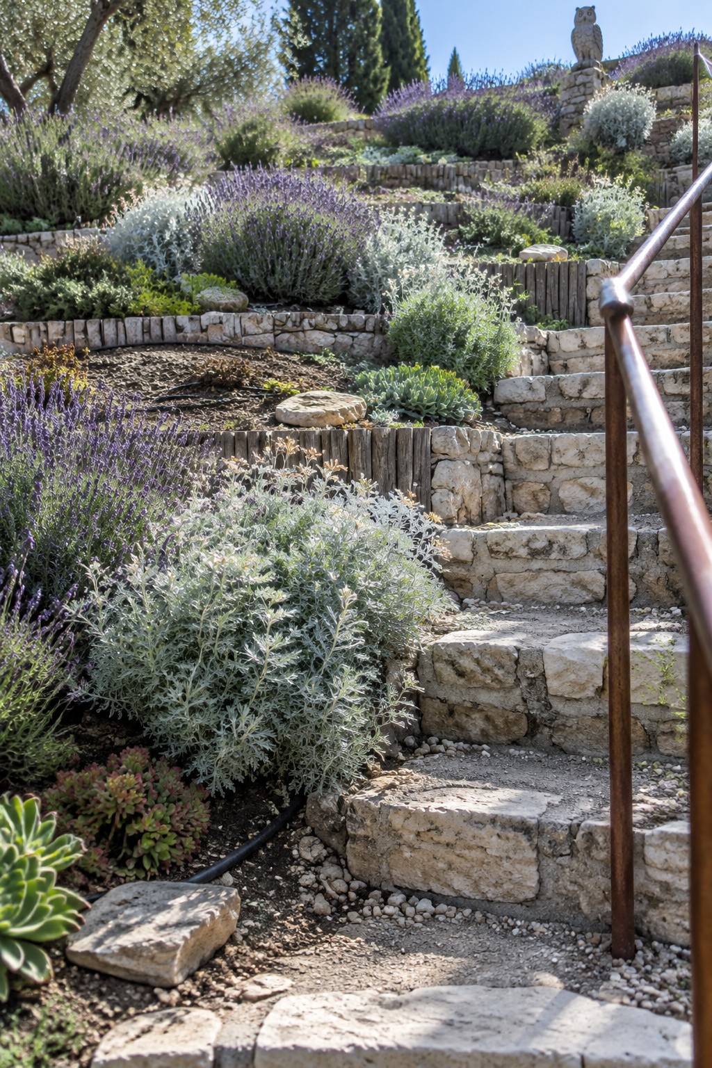 Stone steps and retaining walls wind through terraced garden beds planted with lavender and other shrubs.