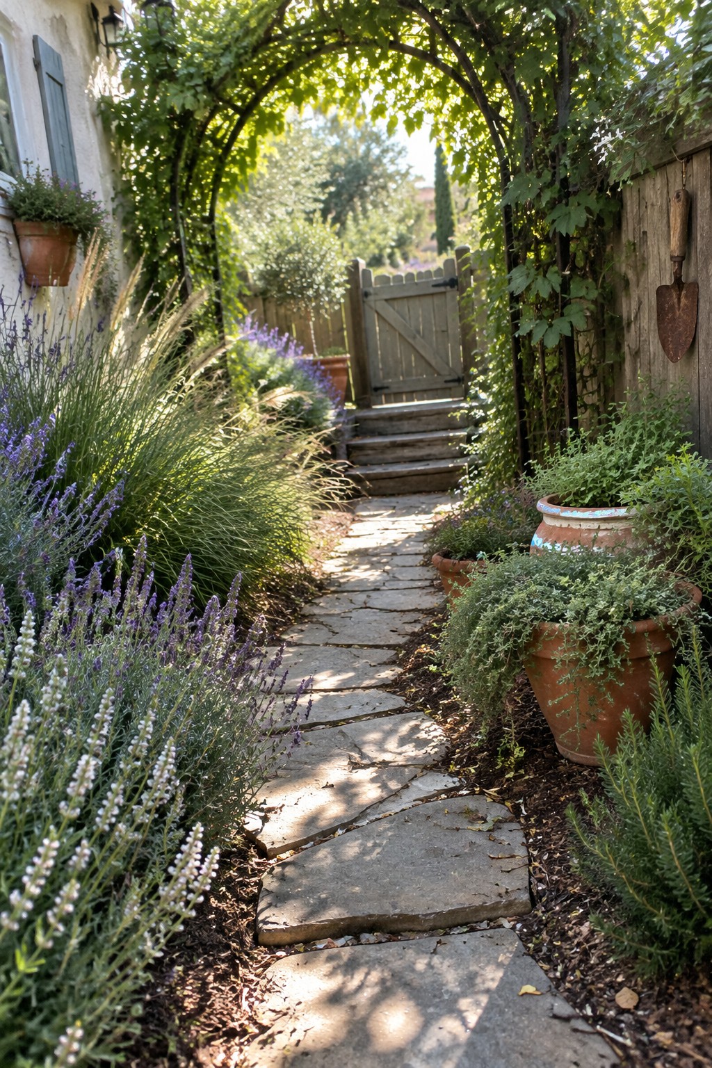 Irregular stone stepping slabs wind through a leafy garden toward a wooden gate.