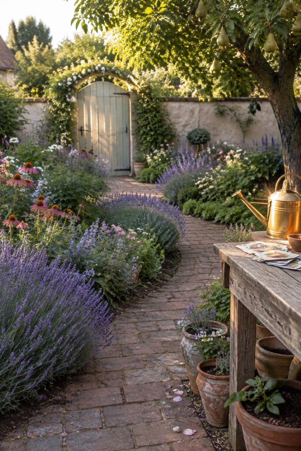 A curved brick path runs through lavender and flowering garden beds toward a pale garden gate.