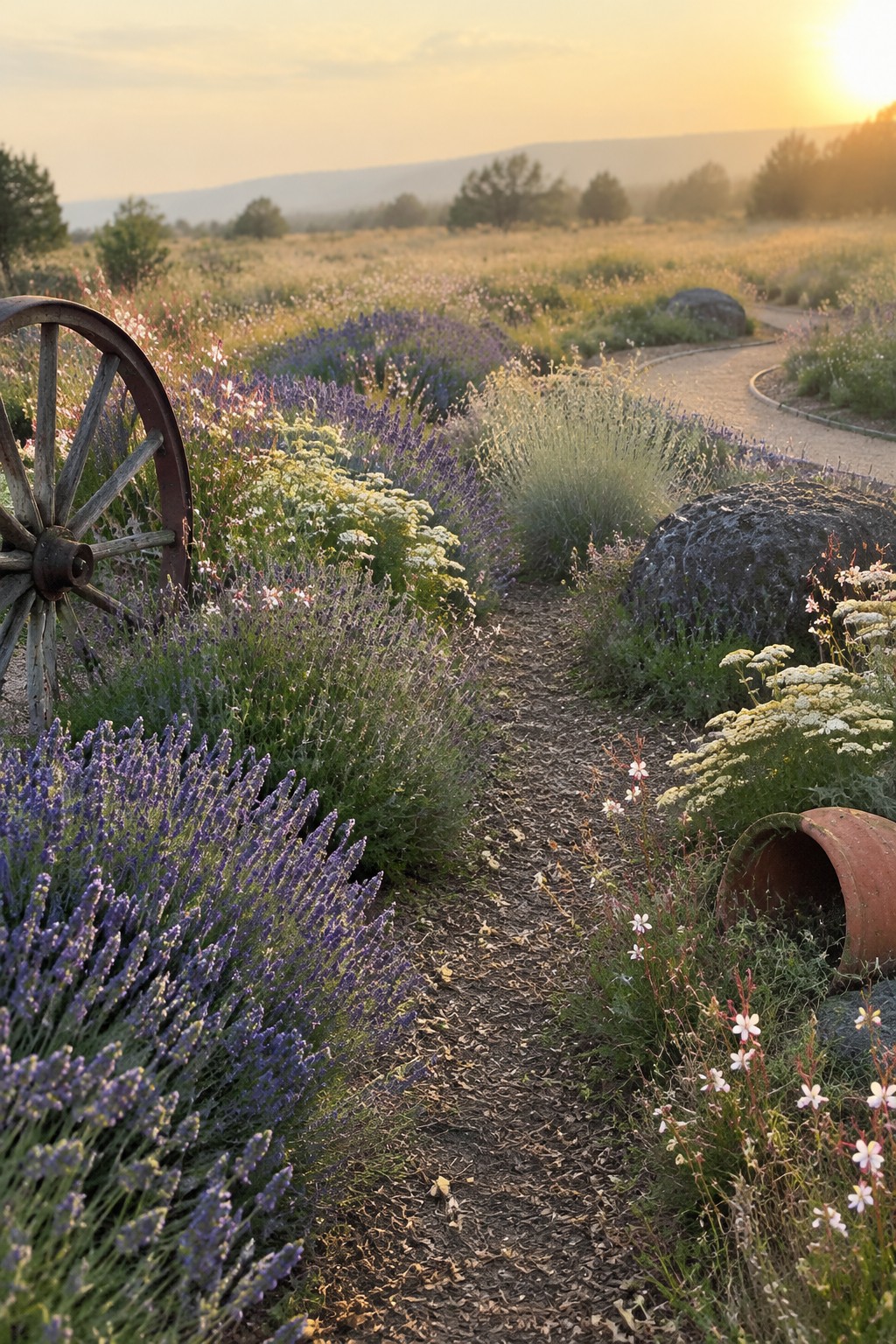 A narrow garden path runs between purple lavender and other flowers, with an old wooden wheel and clay pot nearby.