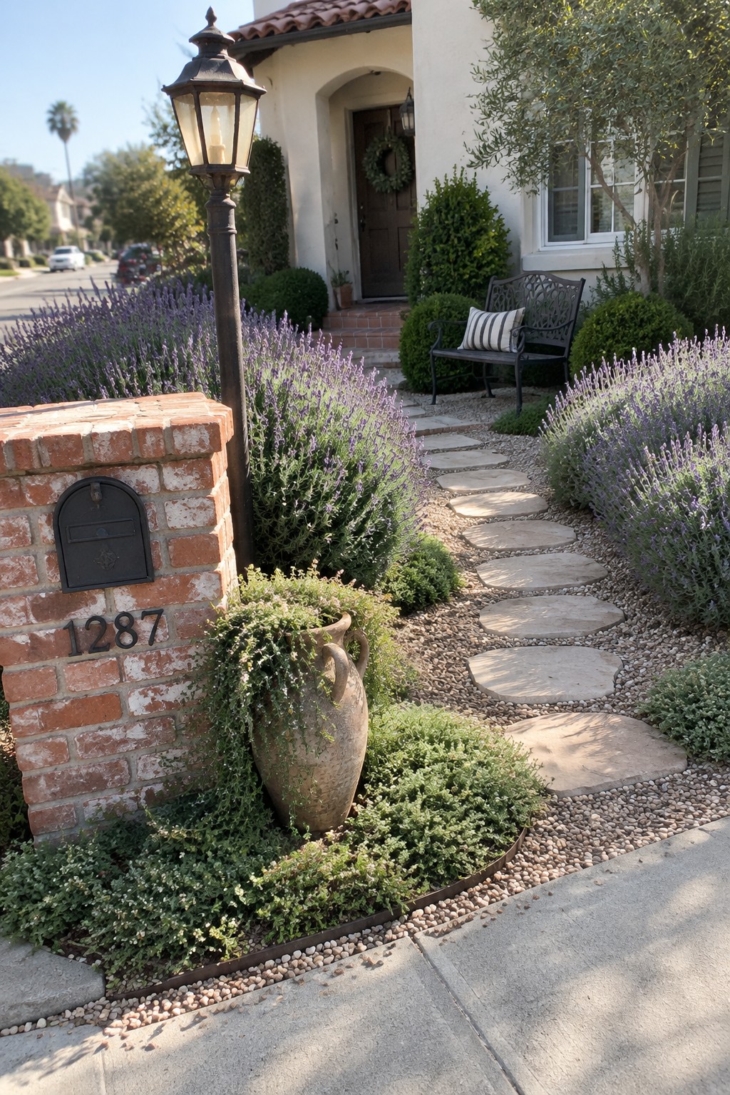 A curved path of pale stepping stones runs through gravel and lavender beds toward the front door of a stucco home.