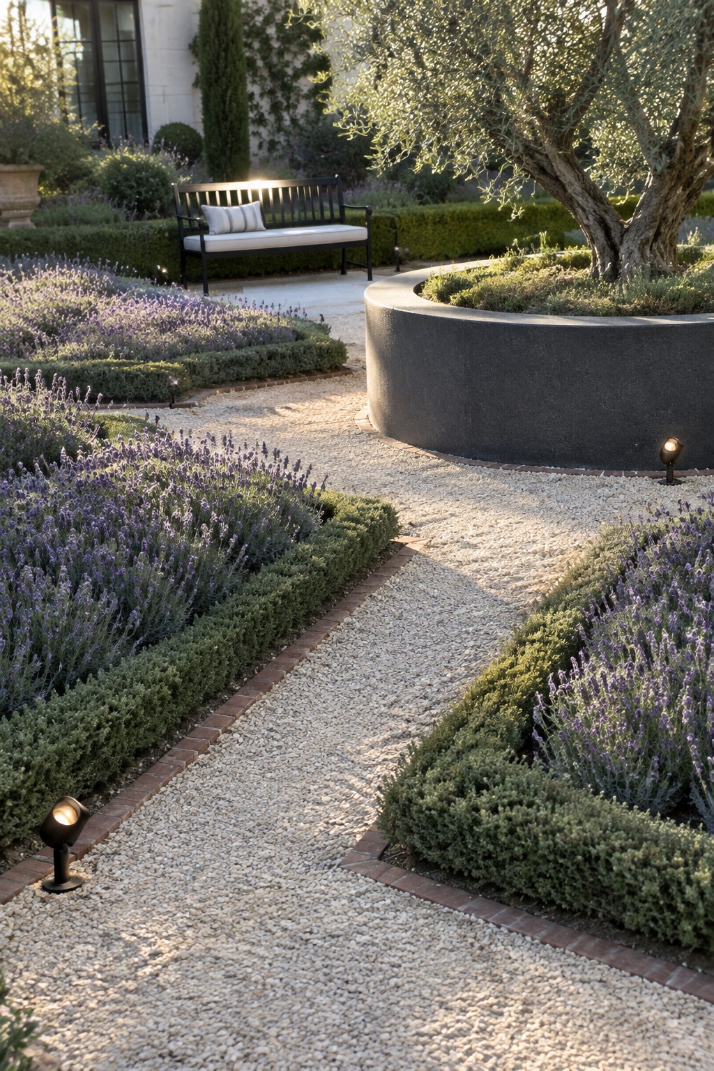 A curved gravel path runs between lavender beds and low hedges toward a bench and a large raised planter with an olive tree.