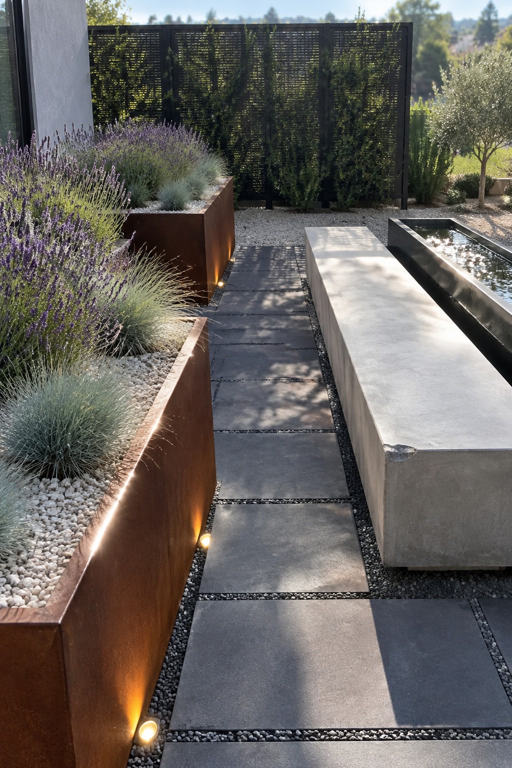 Large gray pavers with gravel joints run beside rust-colored raised beds planted with lavender and grasses.