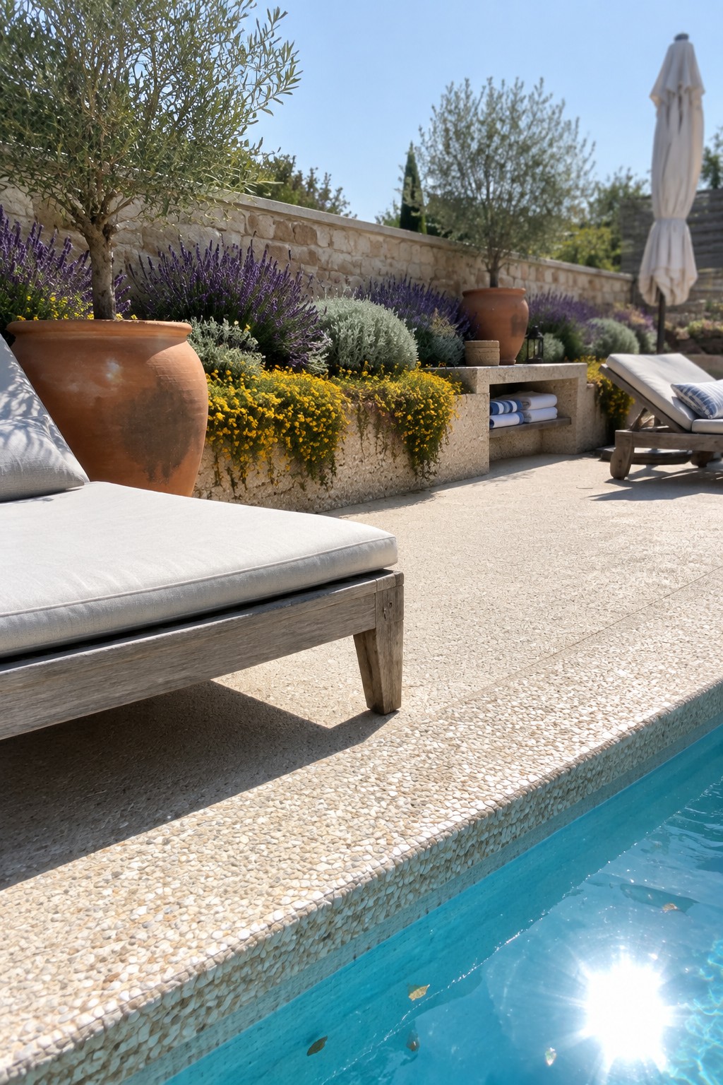 A stone-edged pool patio has lavender and yellow flowers in raised beds beside wooden loungers.