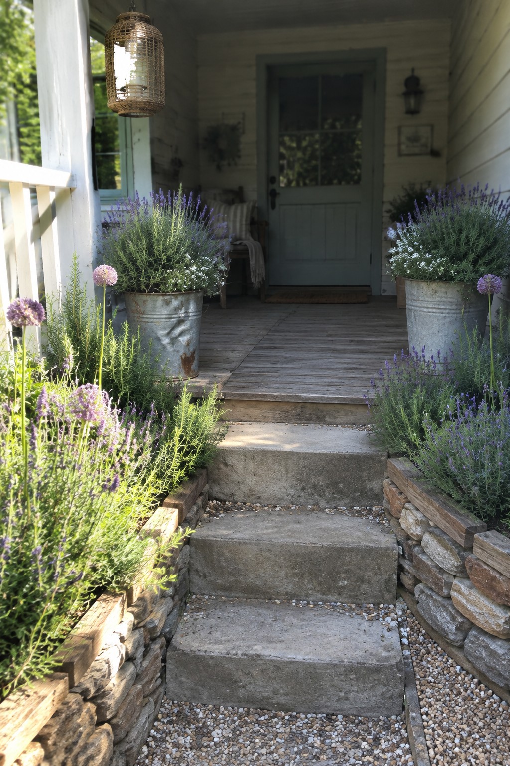 Stone steps lead to a wooden porch, with lavender growing in raised stone-edged beds and metal planters nearby.
