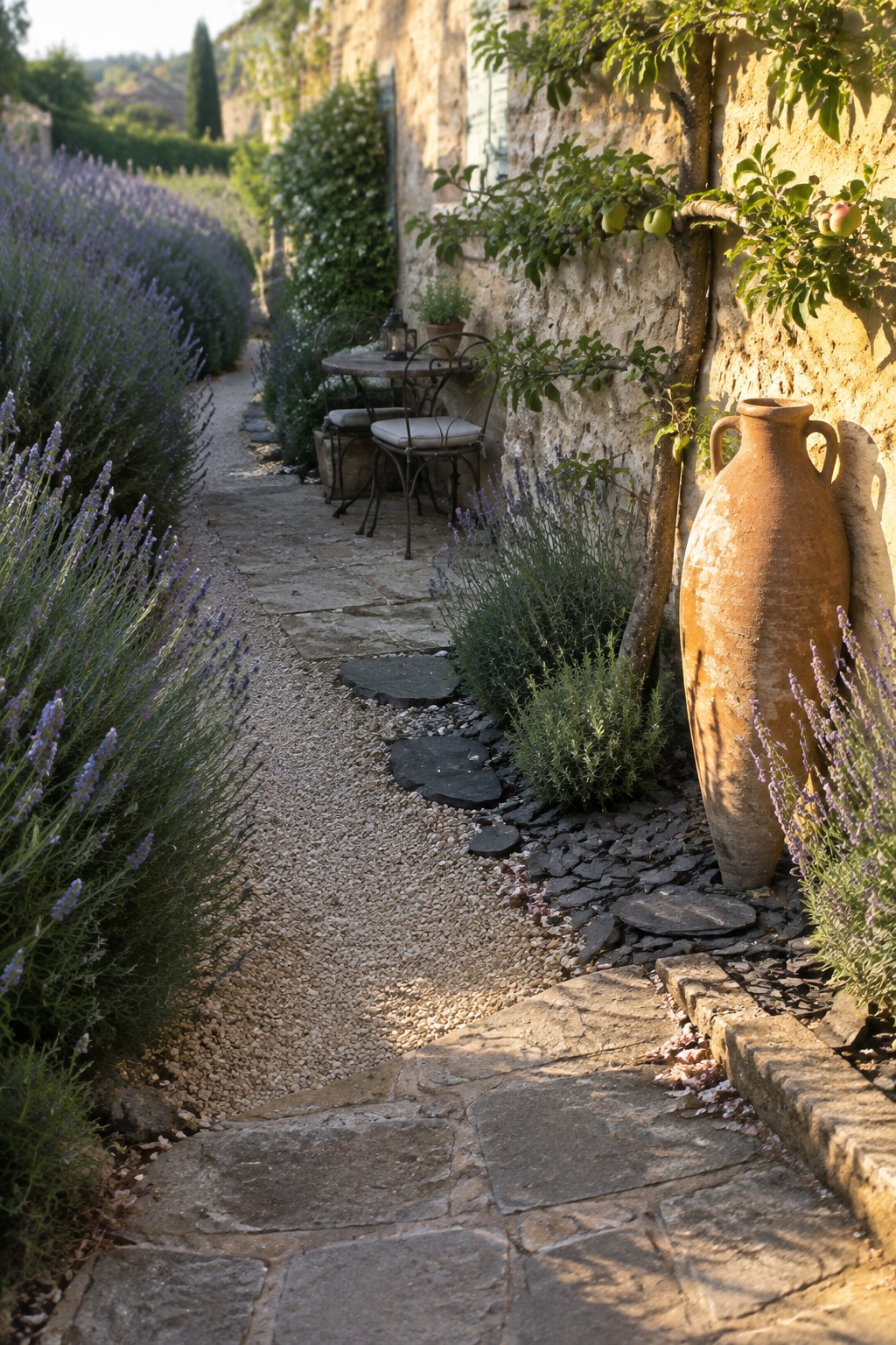 A gravel garden path with flat stone stepping stones runs between lavender plants beside a stone wall and garden seating.