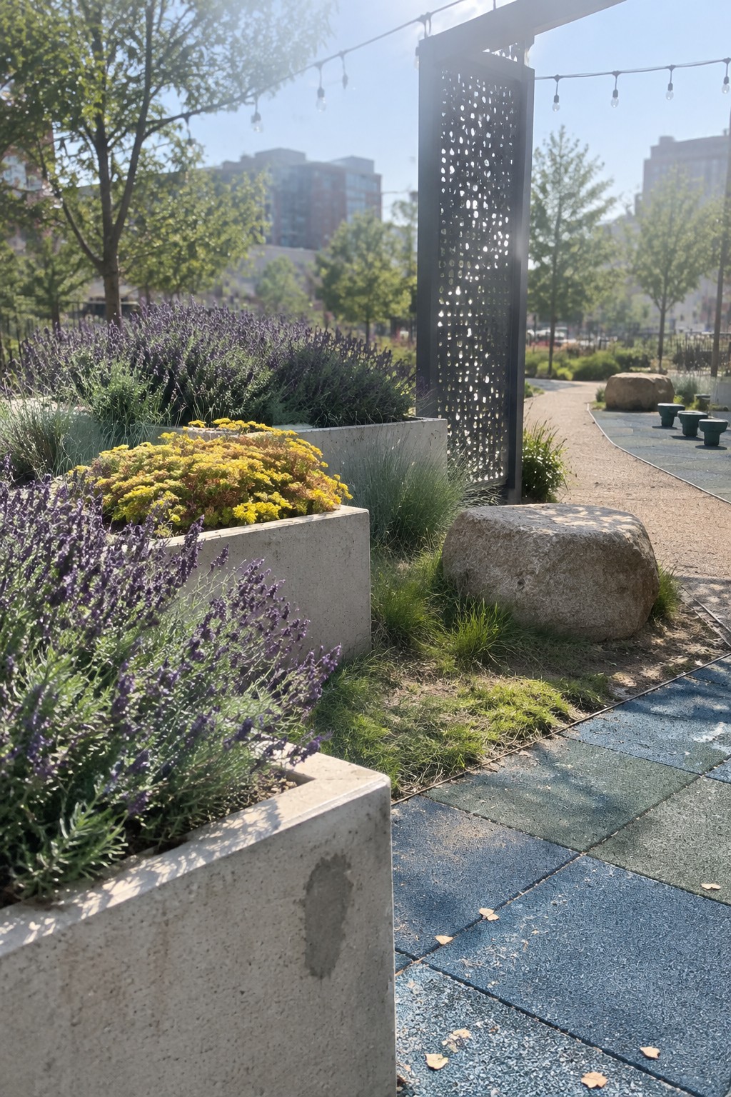 Concrete raised planters filled with purple lavender and yellow flowers beside a paved garden path.