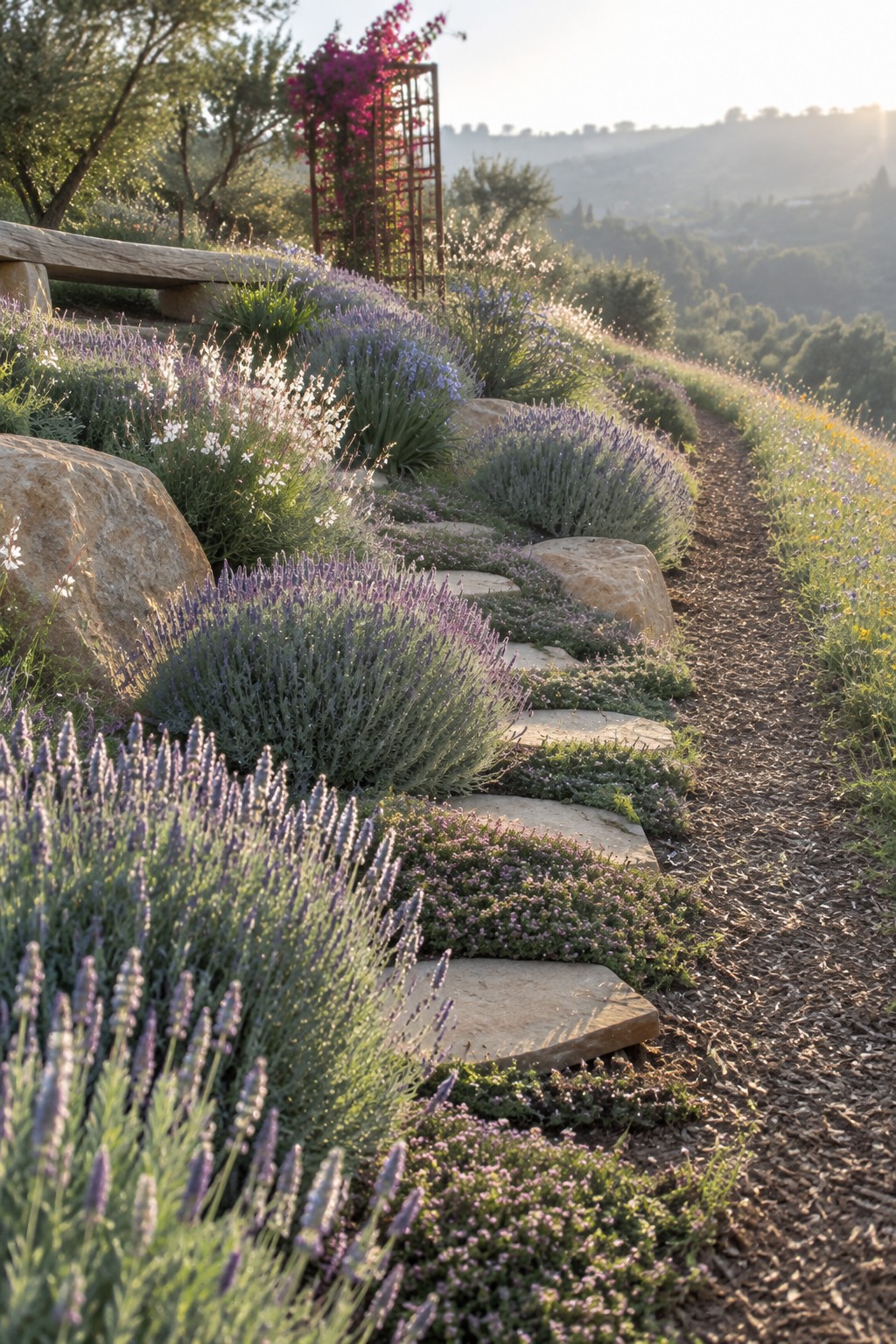 Flat stone steps wind through lavender and flowering plants beside a mulched garden path.