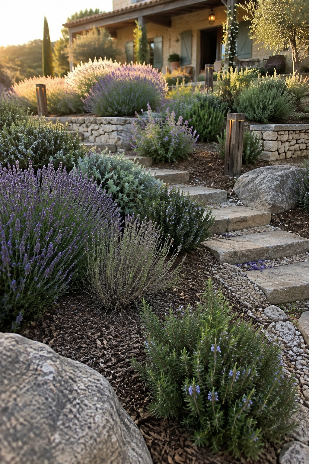 Stone steps wind through lavender and other flowering plants beside low stone retaining walls.