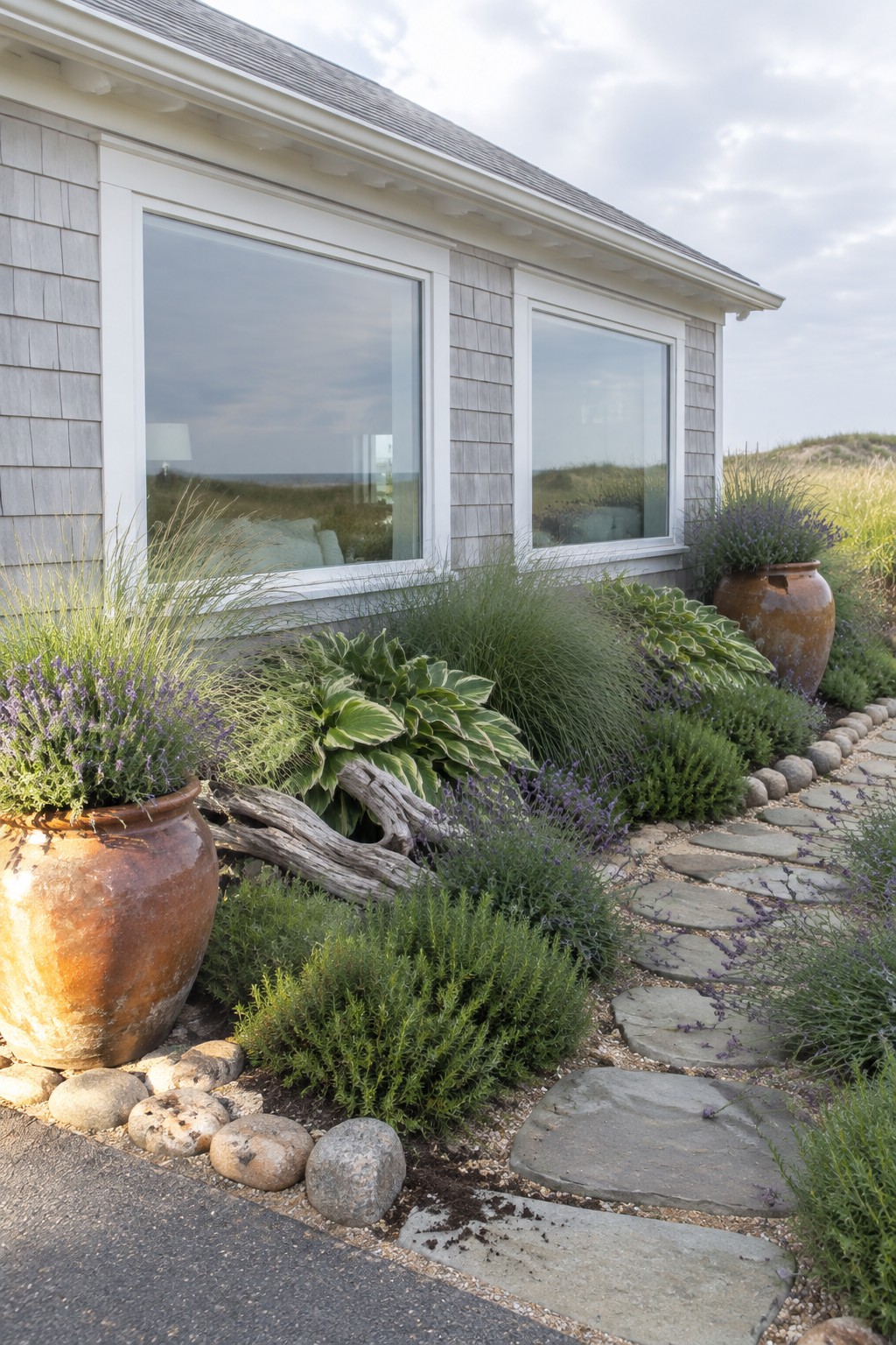 Broad-leaved hostas, ornamental grasses, and purple flowers grow beside a stone path along a shingled house.