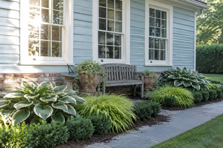 A garden bed with variegated hostas and low shrubs borders a stone path beside a light blue house with white-trimmed windows.