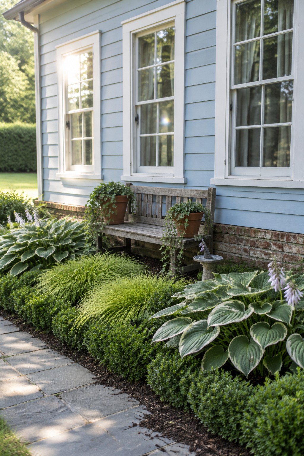 A garden bed with variegated hostas and low shrubs borders a stone path beside a light blue house with white-trimmed windows.