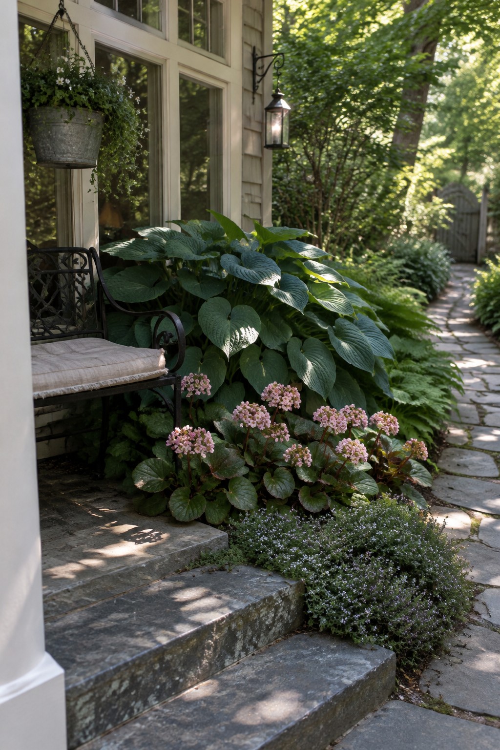 Large hosta plants and pink flowers fill a garden bed beside a stone walkway and house windows.