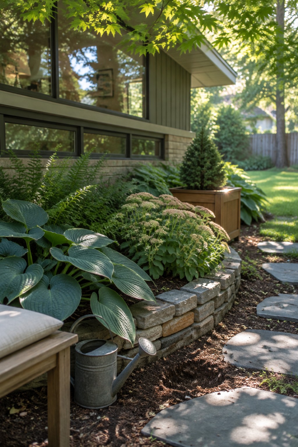 Broad hosta leaves and flowering plants fill a raised stone-edged bed beside a house, with stepping stones along the garden path.