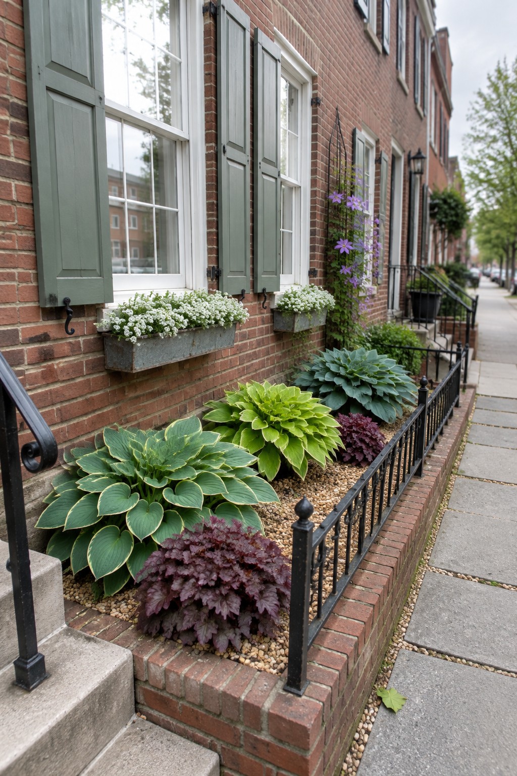 A brick townhouse has a narrow front garden with layered hostas, purple foliage, and a brick border beneath shuttered windows.