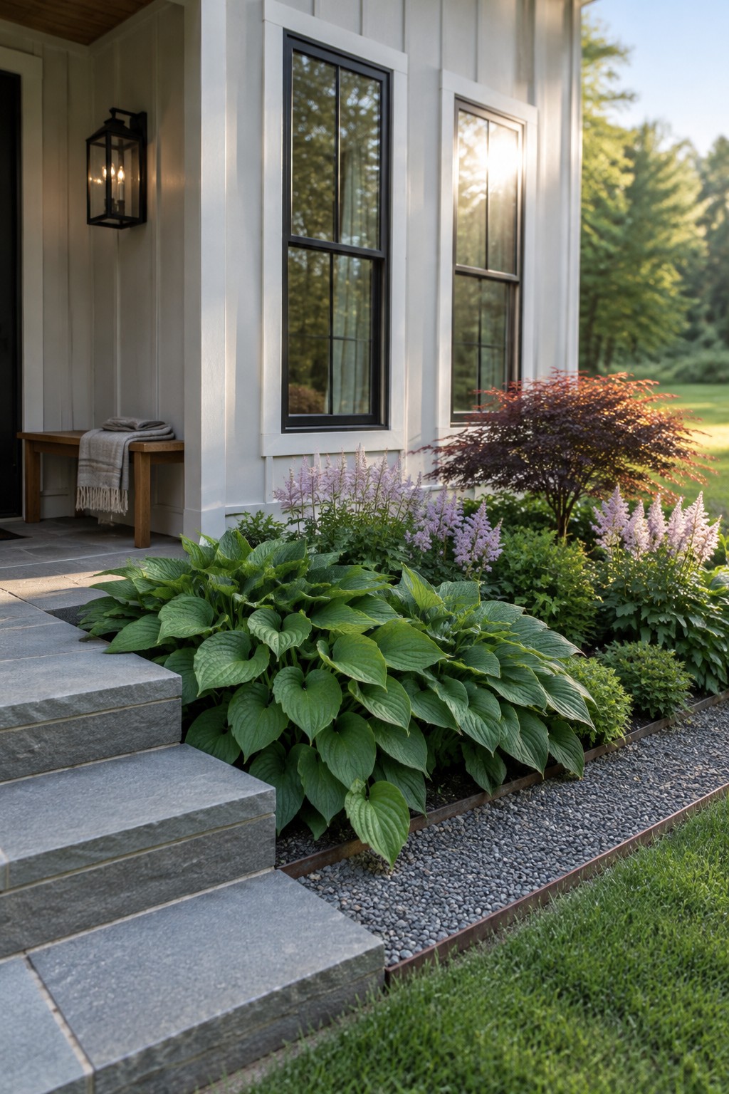 Broad-leaved hostas and purple flowers grow in a garden bed beside a house with tall windows and stone steps.