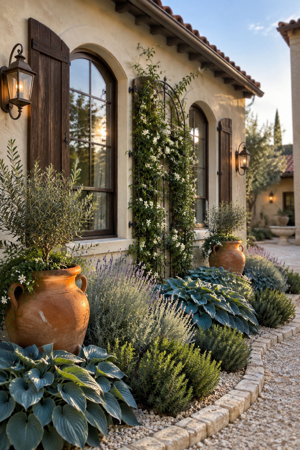 Blue-green hostas grow along a curved stone-edged gravel bed beneath arched windows on a stucco house.