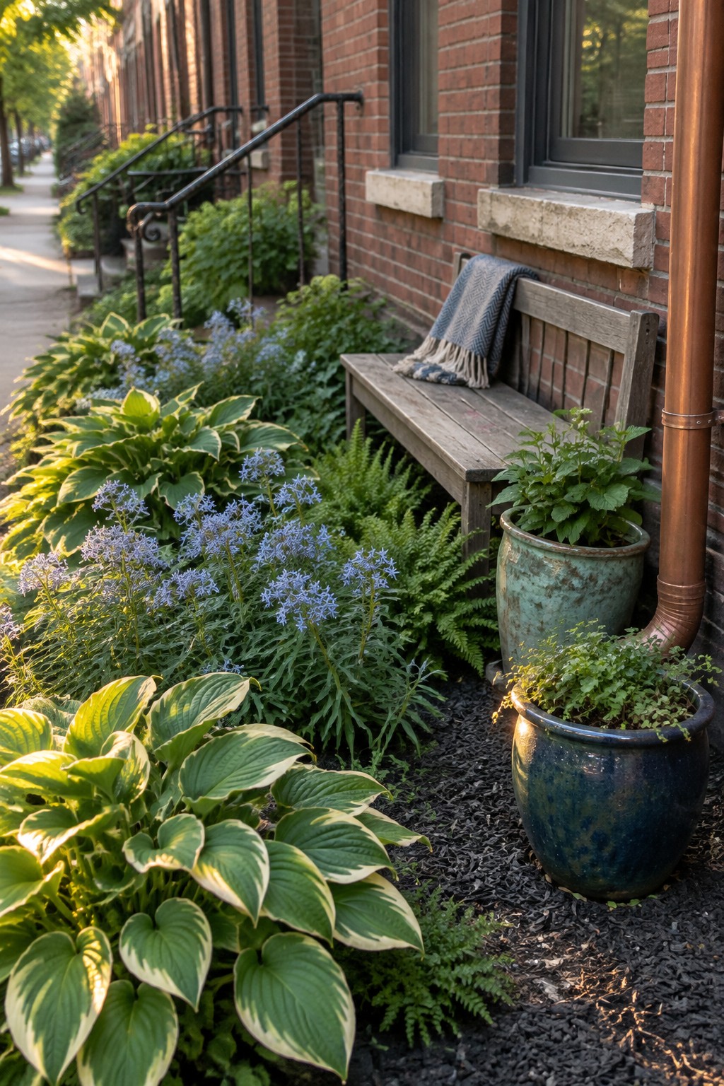 Variegated hostas, ferns, and blue flowers grow in a mulched bed beside a brick house with a wooden bench and potted plants.