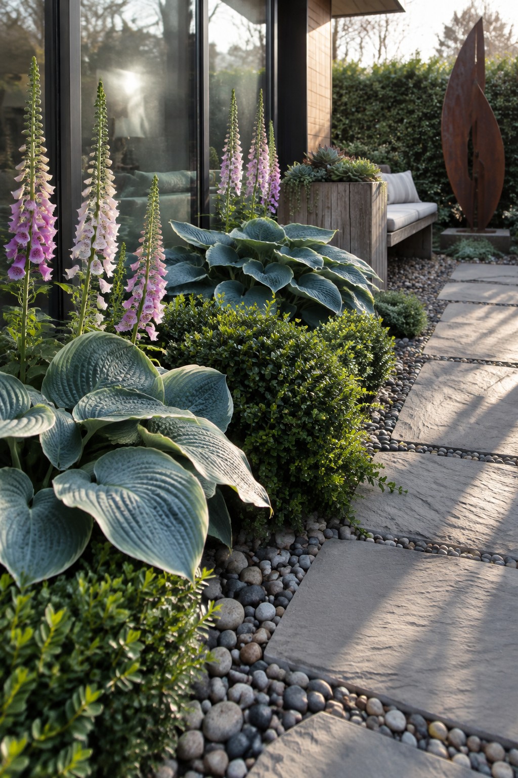 Large blue-green hosta leaves and pink flower spikes grow beside a stone path near a modern house.