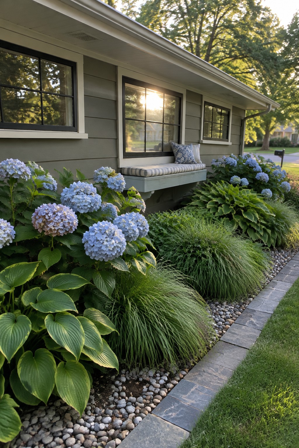 Hostas and blue hydrangeas fill a curved bed beside a house, with a built-in window seat and stone edging.