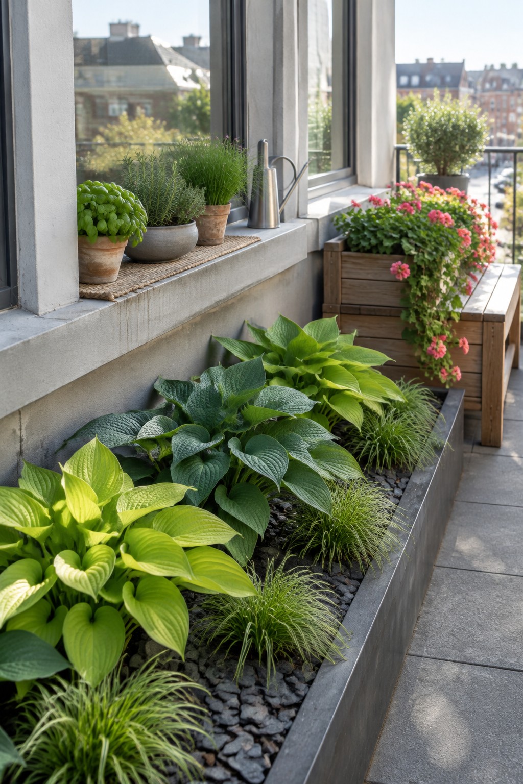 Broad green hostas and fine ornamental grasses grow in a raised bed beside a paved walkway, with potted herbs on a nearby windowsill.