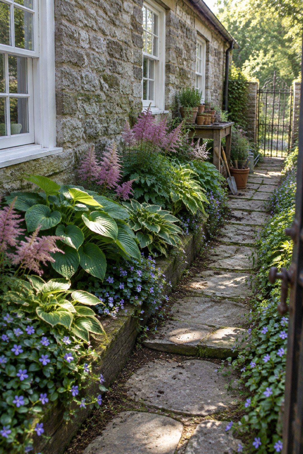 Broad-leaved hostas and pink flower spikes border a stone path beside a stone house.